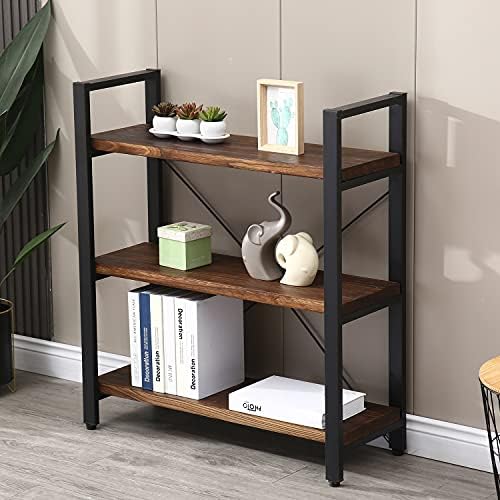 WH-AOERPUMY Natural Real Solid Wood Bookcase,3 Tier Metal and Wood