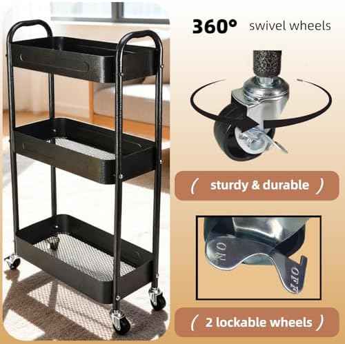 3 Tier Slim Metal Rolling Storage Cart for Laundry Room & Kitchen Organizer, 7.1'' Thin Standing Shelf for Narrow Spaces, Skinny Utility Cart with Wheels & Casters for Bathroom, Black