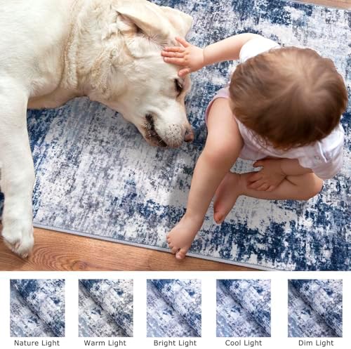 Lansny Modern Abstract Runner Rug 2x5, Grey Navy Blue Multi Washable
