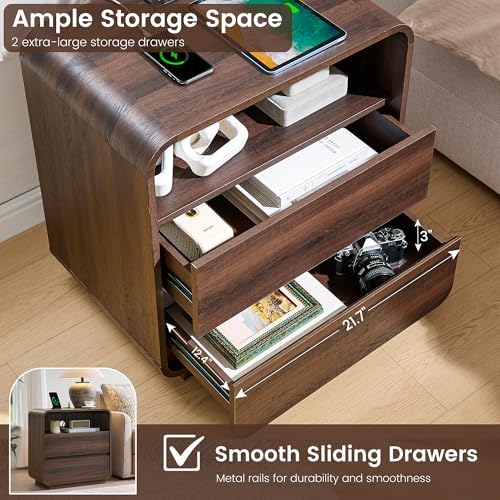 Standifurno Walnut Curved Nightstand Set of 2 with Charging Station