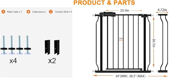 Wide Baby Gate for Stairs Doorways 30" Tall 34 to 38.5 Inch Wide Pressure - Image 2