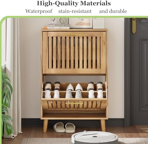Shoe Storage Cabinet with Louvered 2 Flip Drawers, Narrow Shoe Cabinet