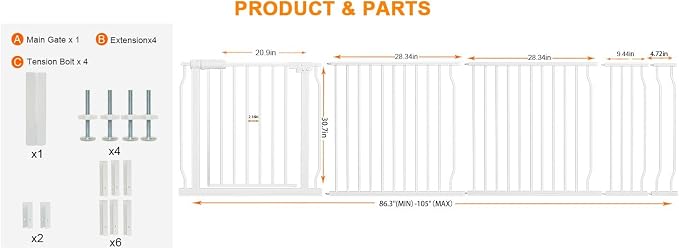 HOOEN Extra Wide Baby Gate for Doorways Stairs 86-105 Inch Wide Pressure - Image 3
