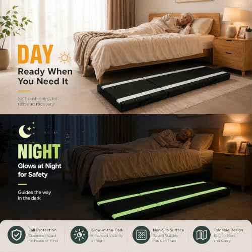 71"x24" Fall Mat for Elderly Bedside Thick Mat with Glow-in-The-Dark Strips, Foldable Floor Mat for Floor Protection, Non-Slip Waterproof Oxford Cover, Portable Handle