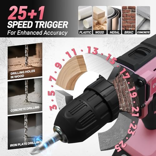 COMOWARE Cordless Drill Set, 20V Pink Power Drill Set for Women, 1