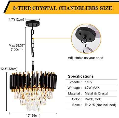 3-Tier Black Gold Crystal Chandelier 5-Light 15’’ Modern Crystal