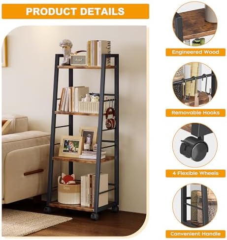 Homeiju 4 Tier Kitchen Storage Cart with Lockable Wheels & 6 Hooks