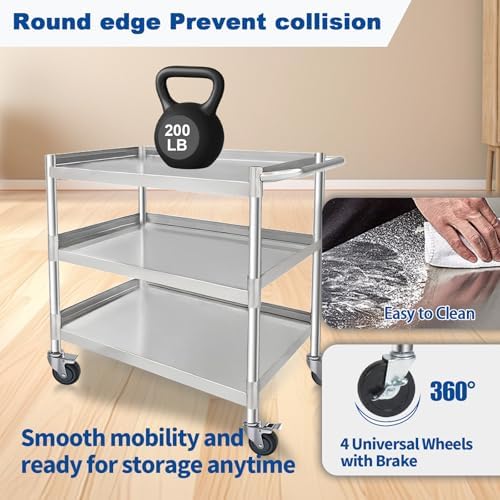 3-Shelf Stainless Steel Rolling Utility Cart - Heavy-Duty Metal Mobile