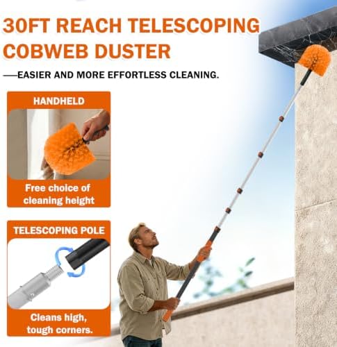 Buyplus 30FT Reach Cobweb Duster, Outdoor Spider Web Cleaner Brush
