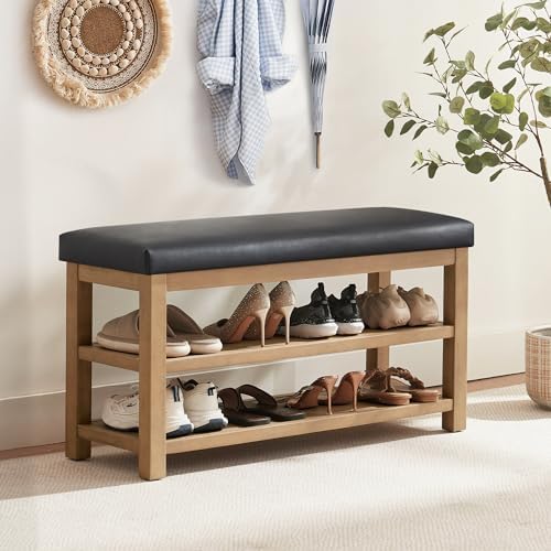 Zihanhome Shoe Rack Bench with Leather Cushion, 2 Tier Solid Wood