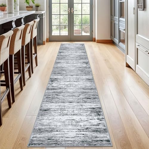 Lansny Modern Abstract Runner Rug 2x12, Black Grey White Washable Long