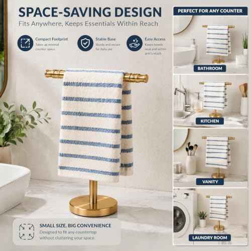 Hand Towel Holder, Stainless Steel Towel Holder Stand for Bathroom, Kitchen Countertop, T-Shaped Hand Towel Rack Stand (Gold, Stainless Steel Base)