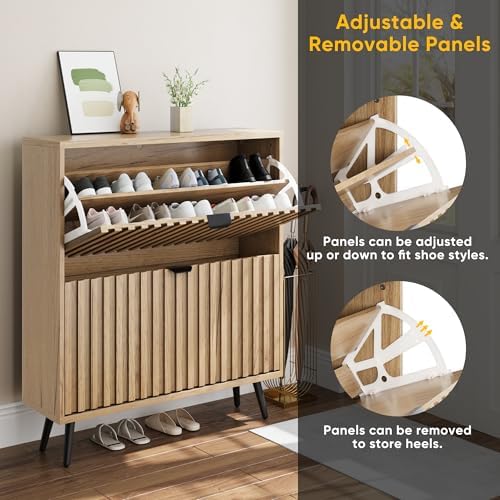 Smuxee Shoe Cabinet with 2 Flip Drawers, 31.5" Natural Hidden Shoe