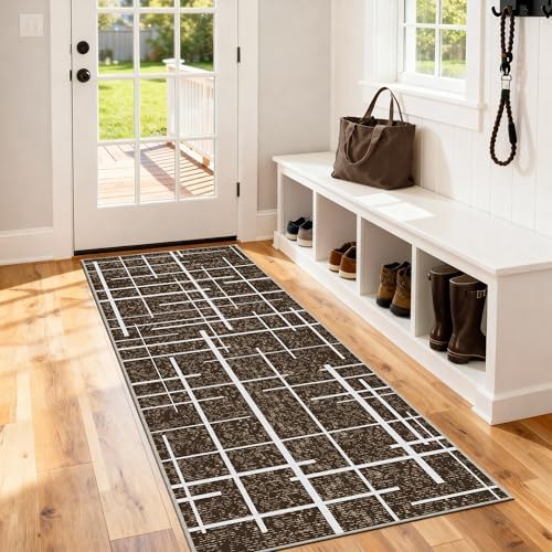 Brown 2x6 Runner Rug Non Slip, Modern Distressed Stripe Carpet Runners