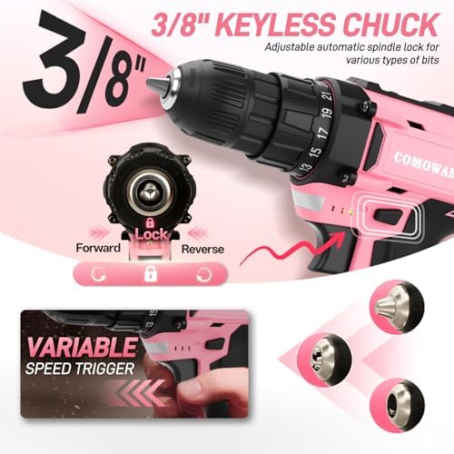 COMOWARE Cordless Drill Set, 20V Pink Power Drill Set for Women, 1
