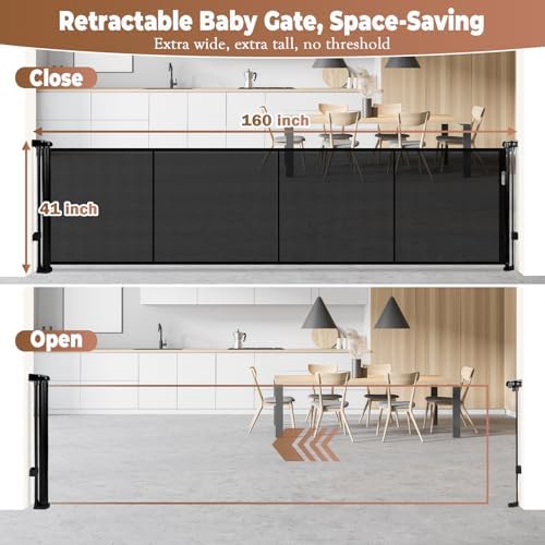 160" Retractable Baby Gate Extra Wide, 41" Tall Retractable Dog Gate