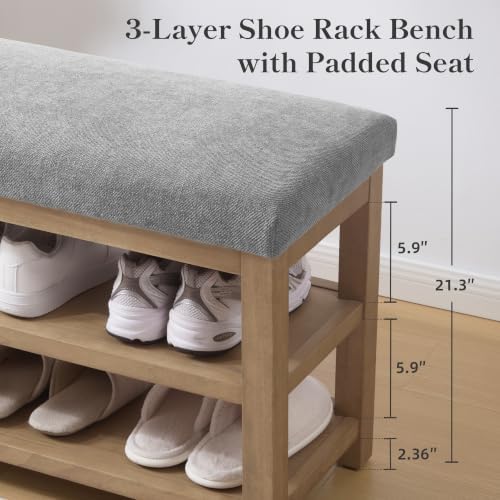 Zihanhome 2 Tier Shoe Rack Bench with Cushion, Solid Wood Shoe
