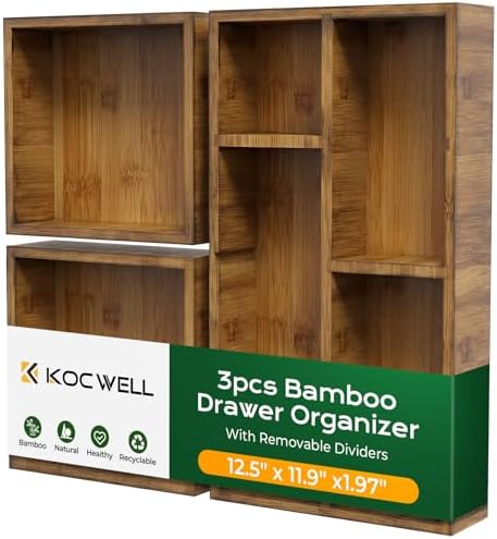 KOCWELL Bamboo Desk Drawer Organizer with Removable Dividers,Multi-Use