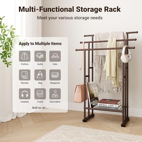 ELYKEN 3 Tier Freestanding Towel Rack with Shelf, 40" H Towel Stand, Bronze