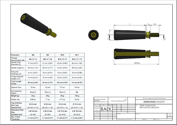 Revolving Handle M12 * P 1.75mm, L- 4.72" Knob Grip, Metric Thread, Swivel - Image 2