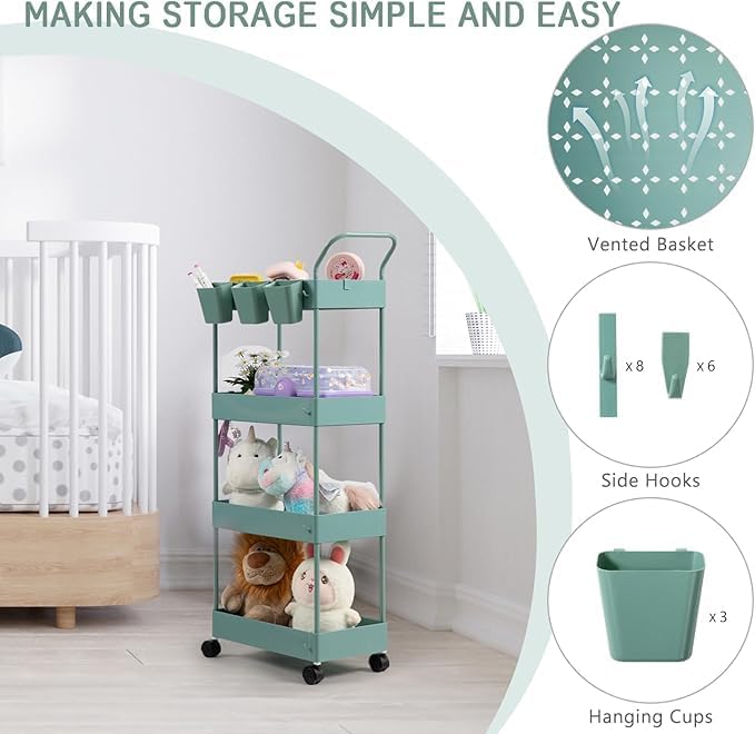 danpinera Slim Storage Cart on Wheels, 4 Tier Narrow Laundry Cart - Image 4