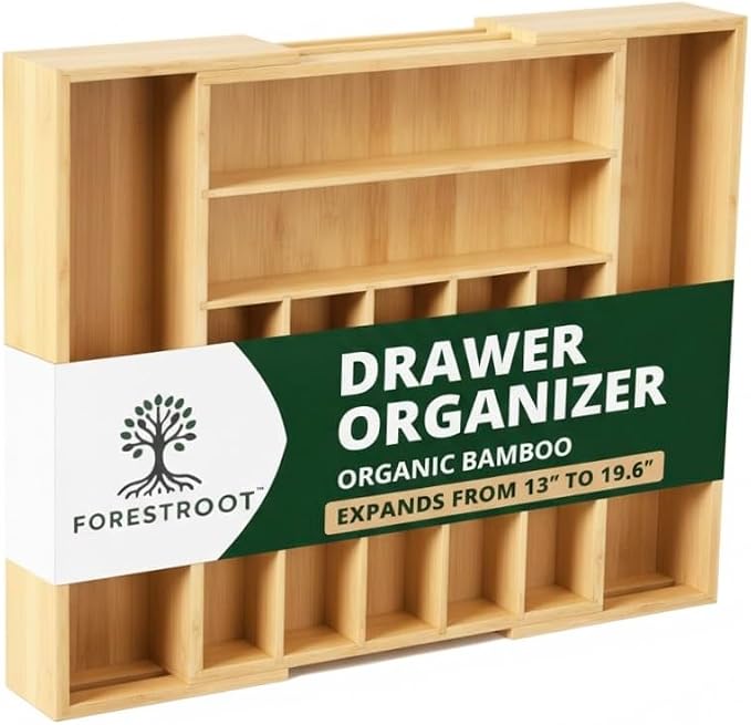 Bamboo Drawer Organizer – Expandable 9 Slot Silverware & Utensil Tray by Forestroot