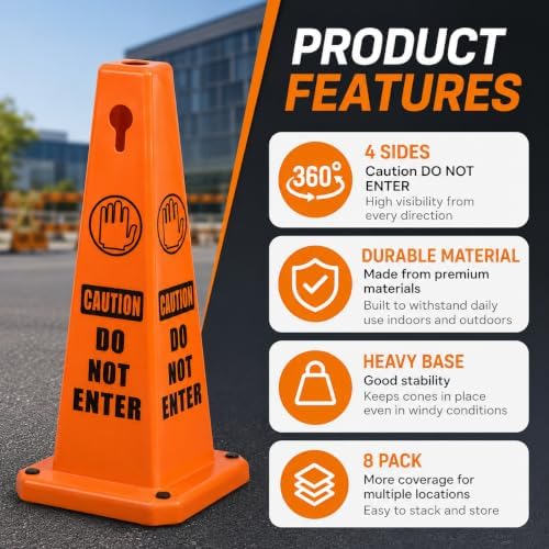 BESEA 8 Pack Orange Safety Cones Caution DO NOT Enter Sign 4-Sided
