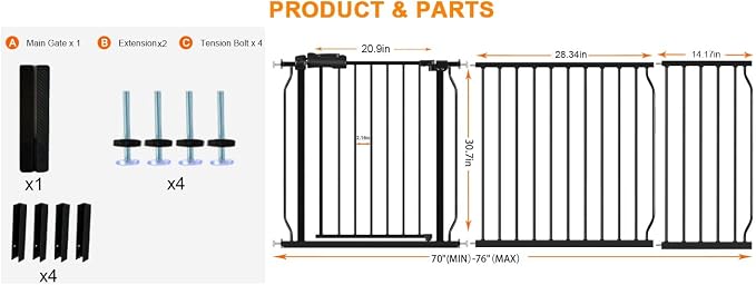 HOOEN 30" Tall Extra Wide Baby Gates 67 to 71.5 Inch Large Long Pressure - Image 2