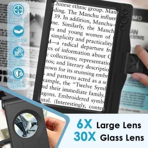 30X 6X Rechargeable Magnifying Glass for Reading, Large Full Page Magnifier with Folding Stand, 3 Color Light Modes, Dimmable LED Lighted, Hands Free Book Magnifier for Fine Prints Low Vision Seniors