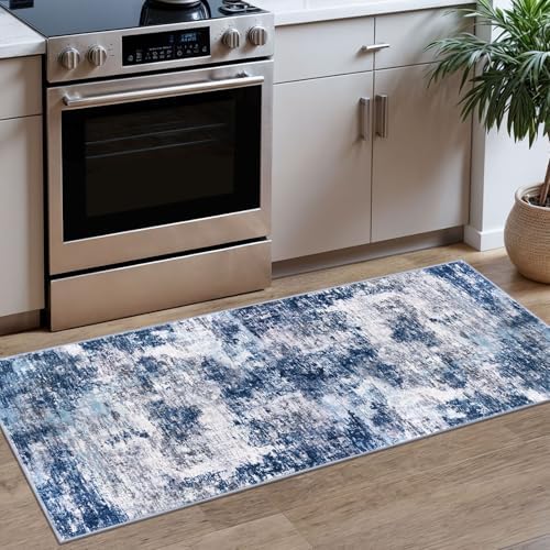 Lansny Modern Abstract Runner Rug 2x5, Grey Navy Blue Multi Washable