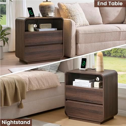 Standifurno Walnut Curved Nightstand Set of 2 with Charging Station