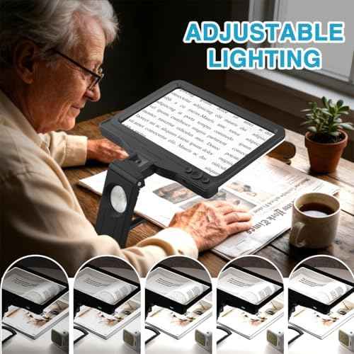 30X 6X Rechargeable Magnifying Glass for Reading, Large Full Page Magnifier with Folding Stand, 3 Color Light Modes, Dimmable LED Lighted, Hands Free Book Magnifier for Fine Prints Low Vision Seniors