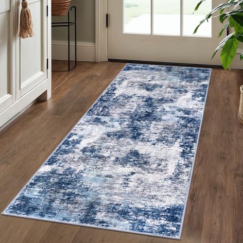 Lansny Modern Abstract Runner Rug 2x5, Grey Navy Blue Multi Washable