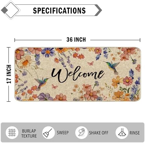 Wildflower Welcome Doormat 17"x36", Flower Spring Door Mat Indoor