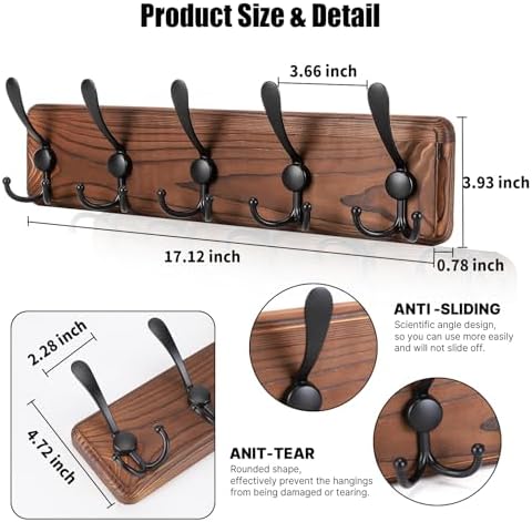 Kruodop Large Coat Rack Wall Mount Coat Hooks Coat Hanger with 5 Metal