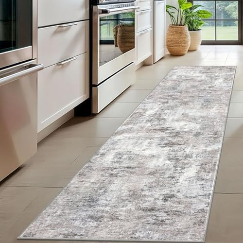 Lansny Modern Abstract Hallway Runner Rug, Beige Grey 2x8 Runner Rug