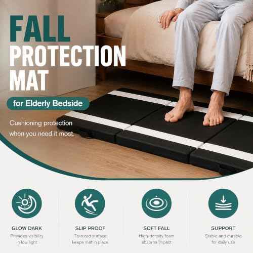 71"x24" Fall Mat for Elderly Bedside Thick Mat with Glow-in-The-Dark Strips, Foldable Floor Mat for Floor Protection, Non-Slip Waterproof Oxford Cover, Portable Handle
