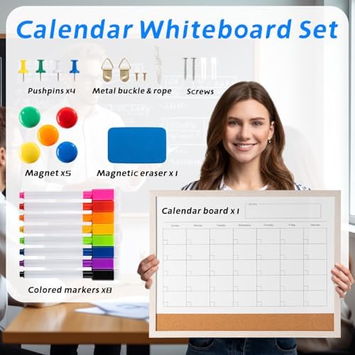 Dry Erase Calendar Whiteboard, 17" x 13" Magnetic Whiteboard Cork