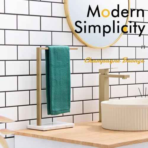 KOKOSIRI Hand Towel Rack Free Standing Towel Bar with Heavy Steady Marble Base for Bathroom Vanity Countertop 15.7'' Height, Champagne Bronze Stainless Steel THS0008-CPG