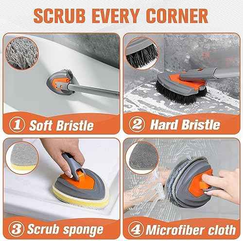 Eazer 4-in-1 Long-Handled Tub Scrubber-Versatile Bathroom Cleaning Brush with Shower Scrubber-Ideal Shower Cleaner Brush for Efficient Cleaning-Long Handle Scrub Brush for Shower, Tub, and Bathroom