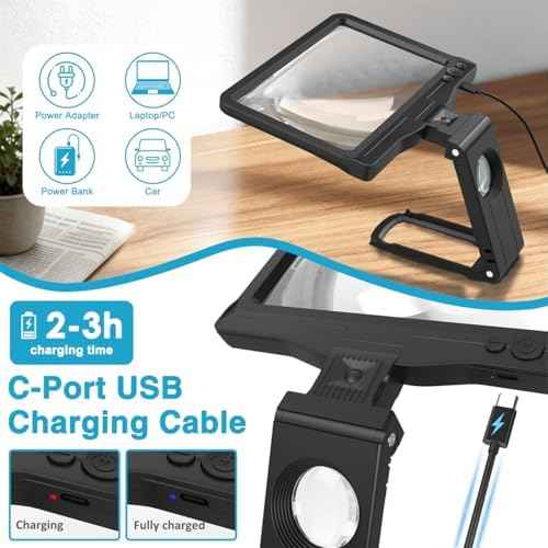30X 6X Rechargeable Magnifying Glass for Reading, Large Full Page Magnifier with Folding Stand, 3 Color Light Modes, Dimmable LED Lighted, Hands Free Book Magnifier for Fine Prints Low Vision Seniors