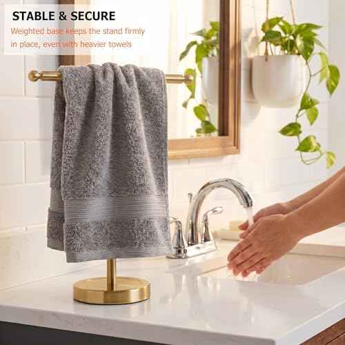 Hand Towel Holder, T-Shape Hand Towel Stand for Bathroom, Hand Towel Rack Bar Standing for Vanity Kitchen Countertop (Gold, Stainless Steel)