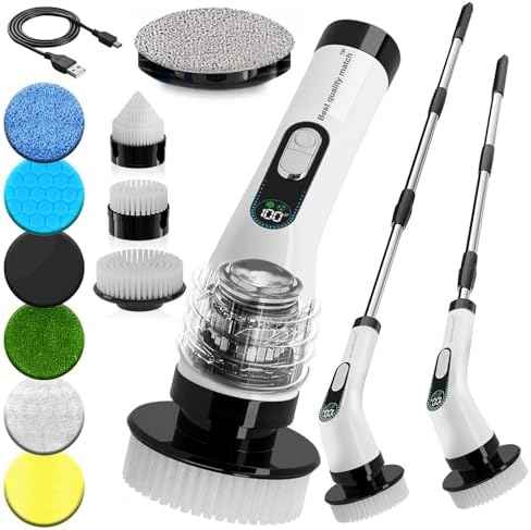 Electric Spin Scrubber for Cleaning, Cordless Power Scrubber with Long Handle, 10 Replaceable Brush Heads, 2-Speed, IPX7 Waterproof for Bathroom, Shower, Tub, Tile & Kitchen