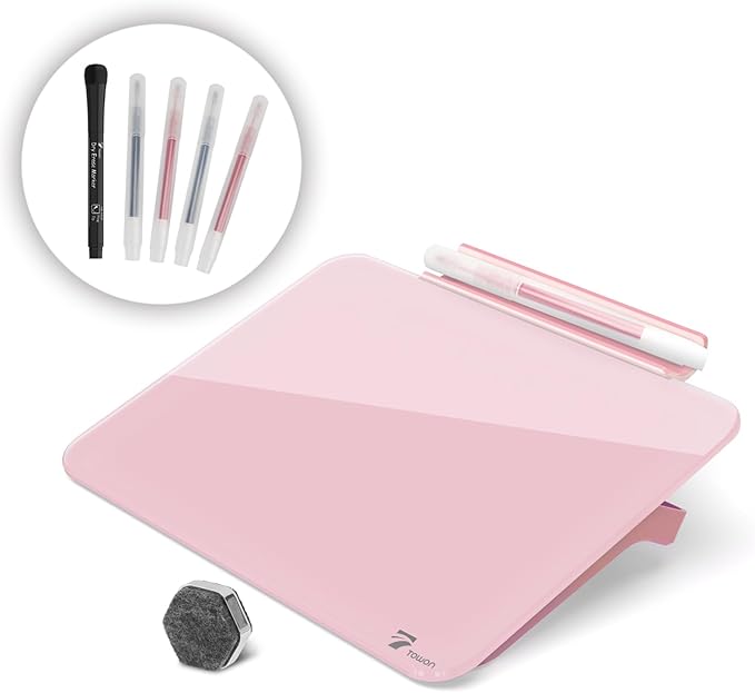Pink Mini Desktop Pure Glass Whiteboard, Small Slope Slick Desk Whiteboard Glass - Field & Grace