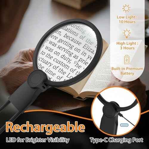 Hands-Free Magnifying Glass with Light, Rechargeable Neck Lighted Magnifier