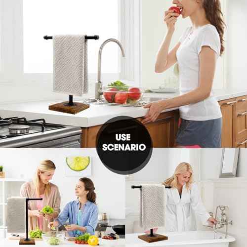 Hand Towel Holder, T-Shape Height 15'' Black Hand Towel Holder Stand, Free Standing Hand Towel Stand for Bathroom or Countertop