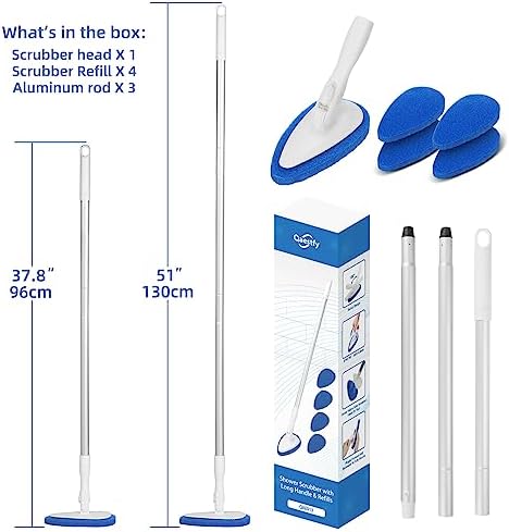 Qaestfy Shower Bathtub Tub Tile Scrubber Cleaning Brush with 51'' Handle, 5 Non-Scratch Scouring Pads, Adjustable Long Handled Scrub Brush for Cleaning Shower Bathroom Vessel Sinks Toilet Wall Floor