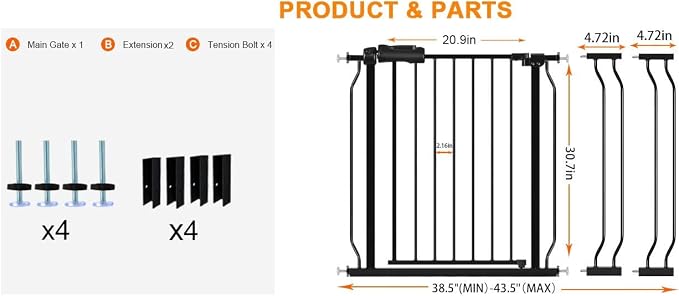 HOOEN Wide Baby Gates for Doorway Stairs 30" Tall 38.5-43.5 Inch Wide Indoor - Image 2