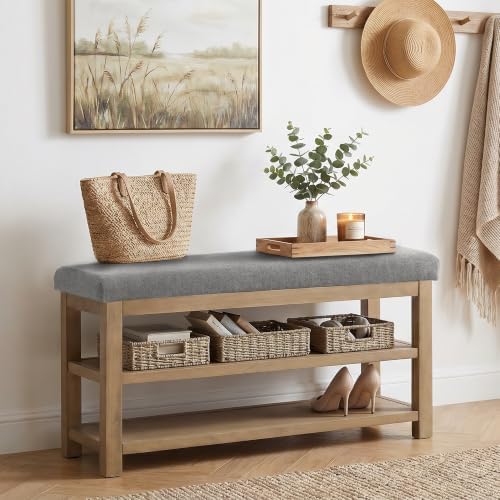 Zihanhome 2 Tier Shoe Rack Bench with Cushion, Solid Wood Shoe