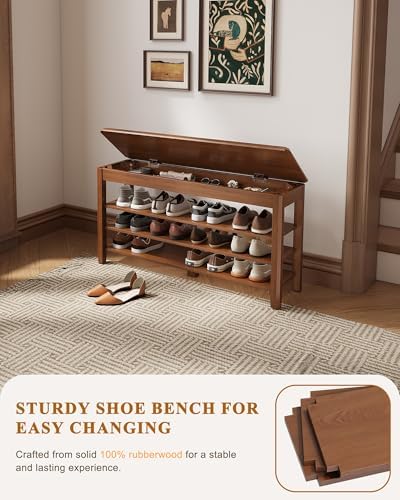IUNVR Shoe Rack Bench Seat Rubberwood 3-Tier Wooden Storage Bench